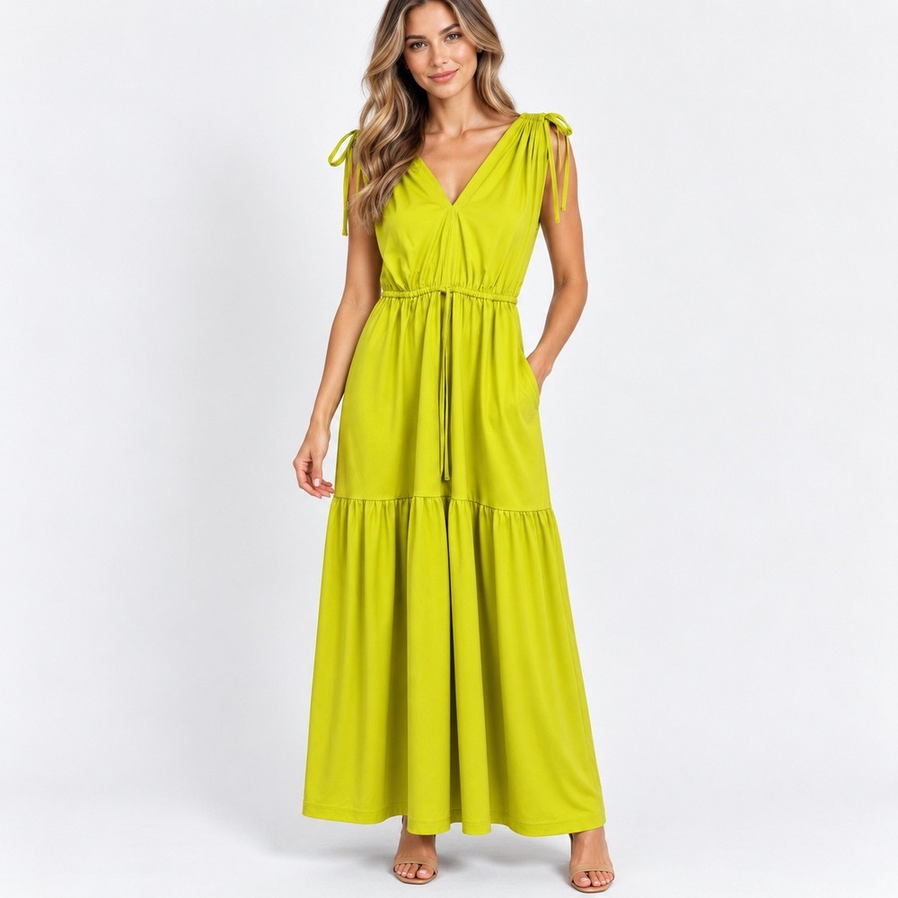 Calvin Klein Womens Lime Green V-Neck Tiered Sleeveless Maxi Dress
